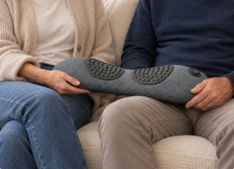 Un couple au divan tient Lumbo entre eux