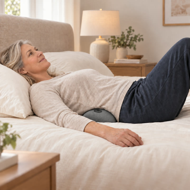 Une femme se détend au lit, Lumbo sous le bas du dos, à la lueur de la lampe de chevet
